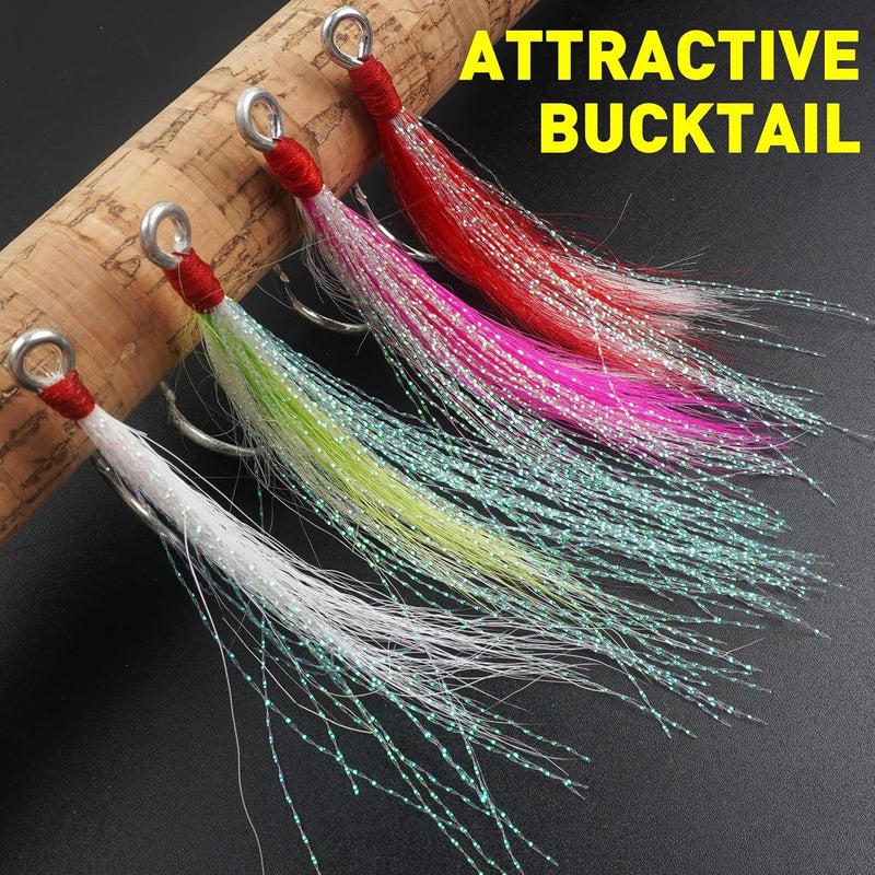 SILANON Bucktail Teaser Fishing Hooks,5pcs Saltwater Flounder Rig Stainless Steel Fishing Jig Hooks Bucktail Mylar Flash Teasers Inserted for Striper Catfish Cod Flounder Hi/Lo Rig - Image 5